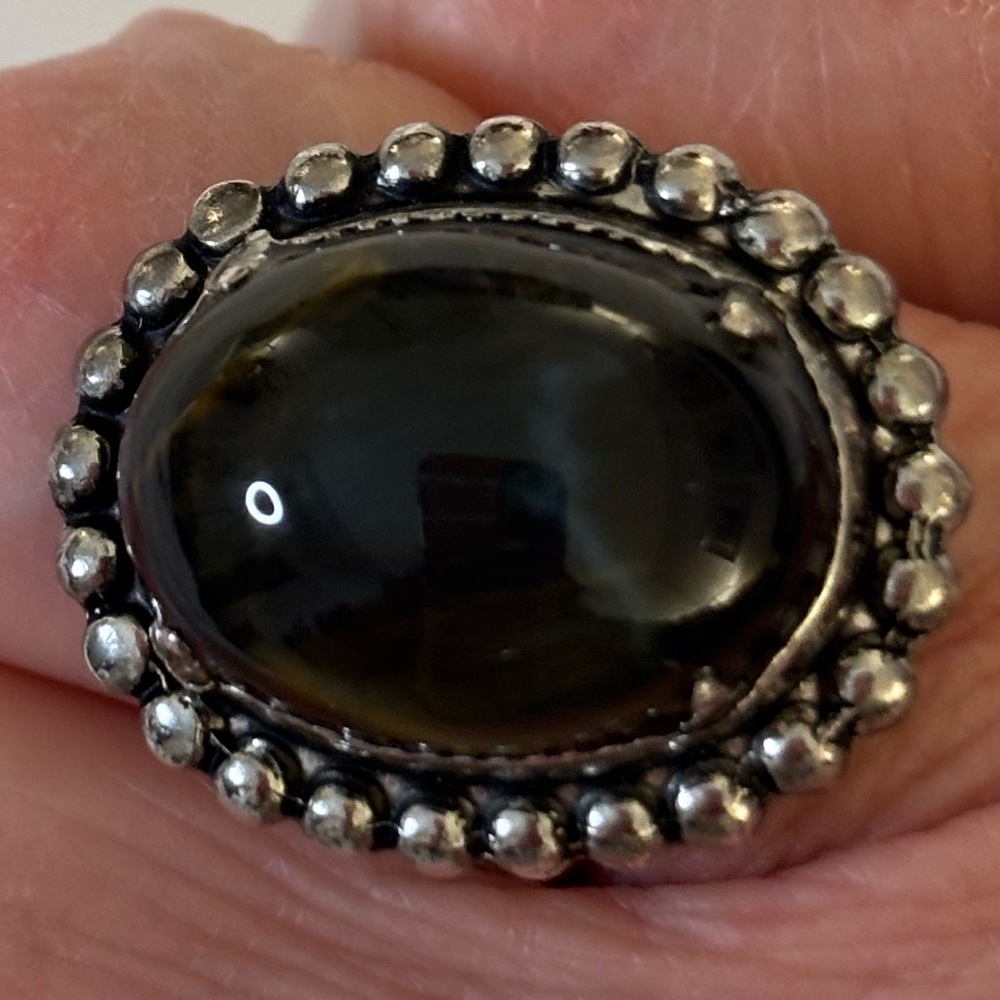 Vintage Ring Black Green Brown Tiger Eye or Labradorite Sterling Silver Size 8 - Picture 5 of 13